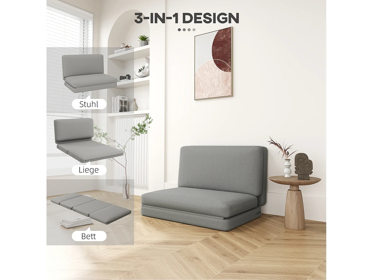 Sofá cama convertible 3 en 1 de terciopelo Bodensofa, tapizado en gris claro, 240 kg