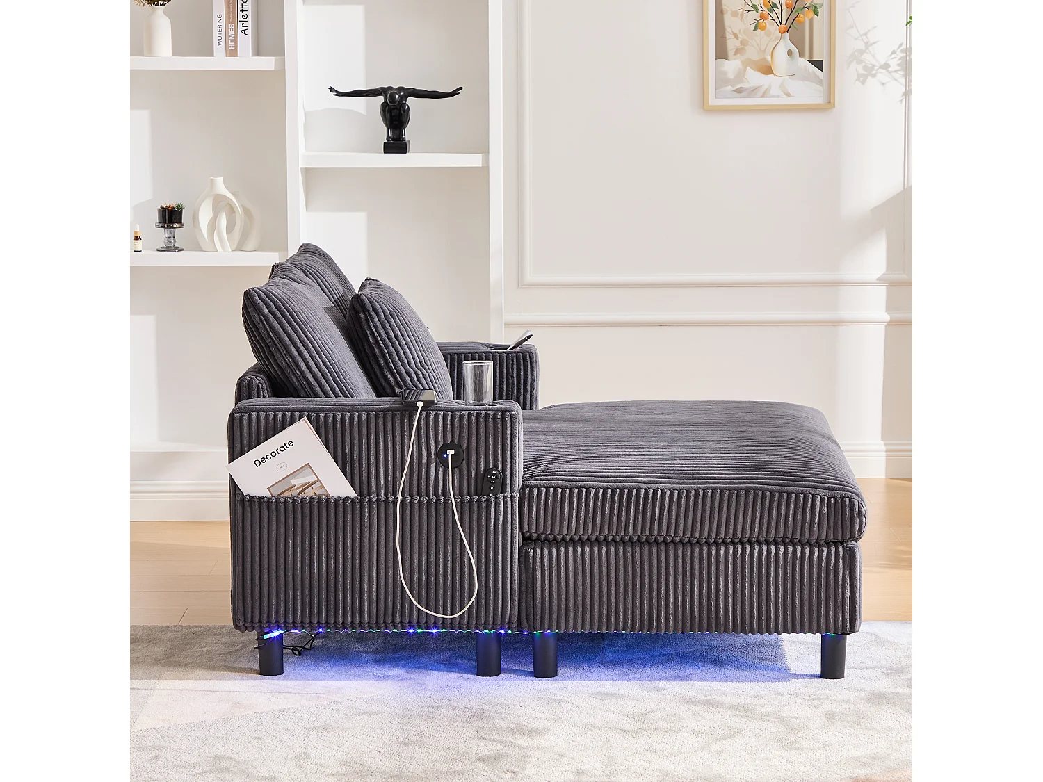 Poltrona relaxante de veludo XXL com LED, porta USB e porta-copos para sala de estar e quarto, cinza