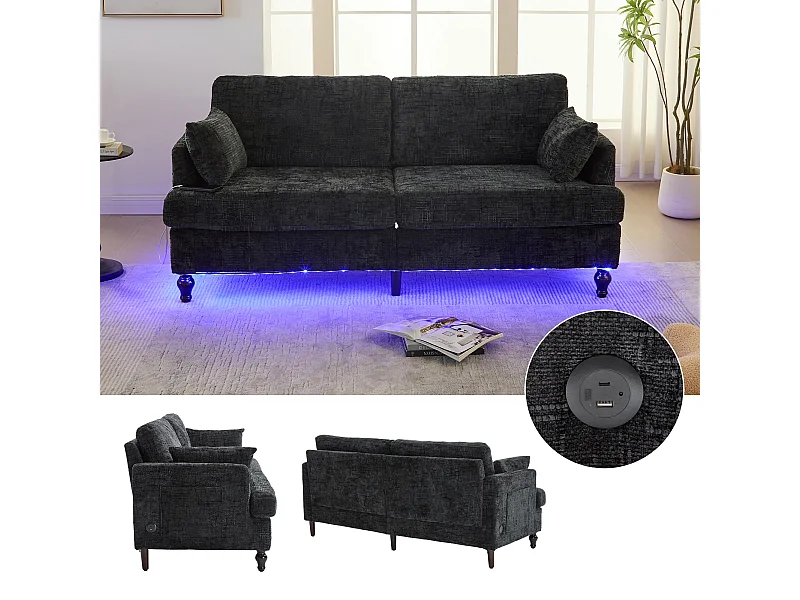 Sofá de chenille de 2 lugares com LED, USB, armazenamento lateral e pés de madeira, sala de estar, quarto, escritório, cinza