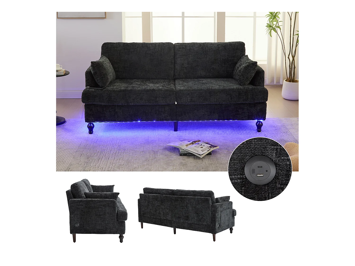 Sofá de chenilla de 2 plazas con LED, USB, almacenaje lateral y patas de madera, para salón, dormitorio, despacho, color gris