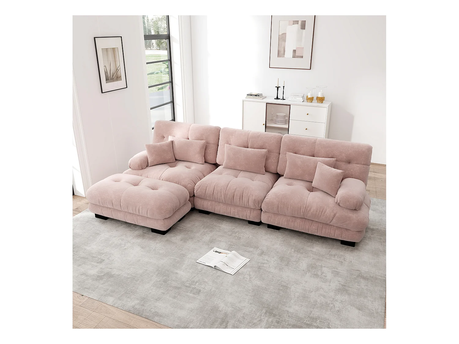 Sofá de canto modular em L de 5 lugares em chenille confortável conversível com pufe para sala de estar rosa