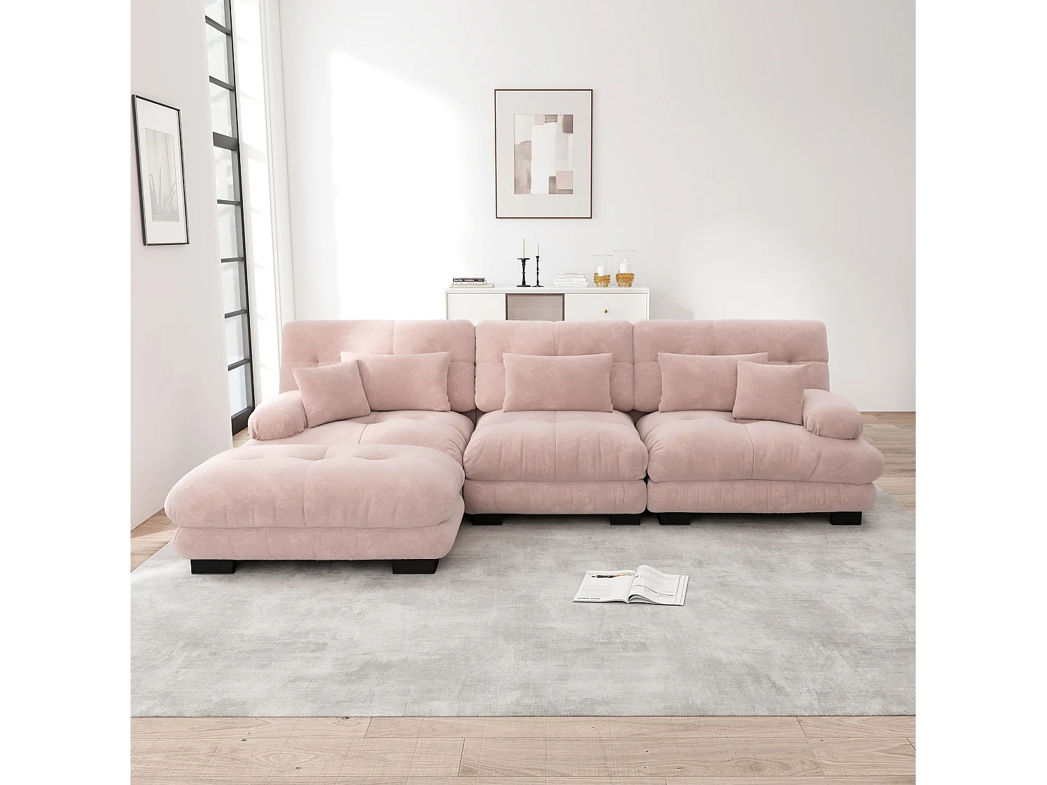 Canapé d'angle modulable L 5 posti in ciniglia confortevole trasformabile con pouf pour salon rose
