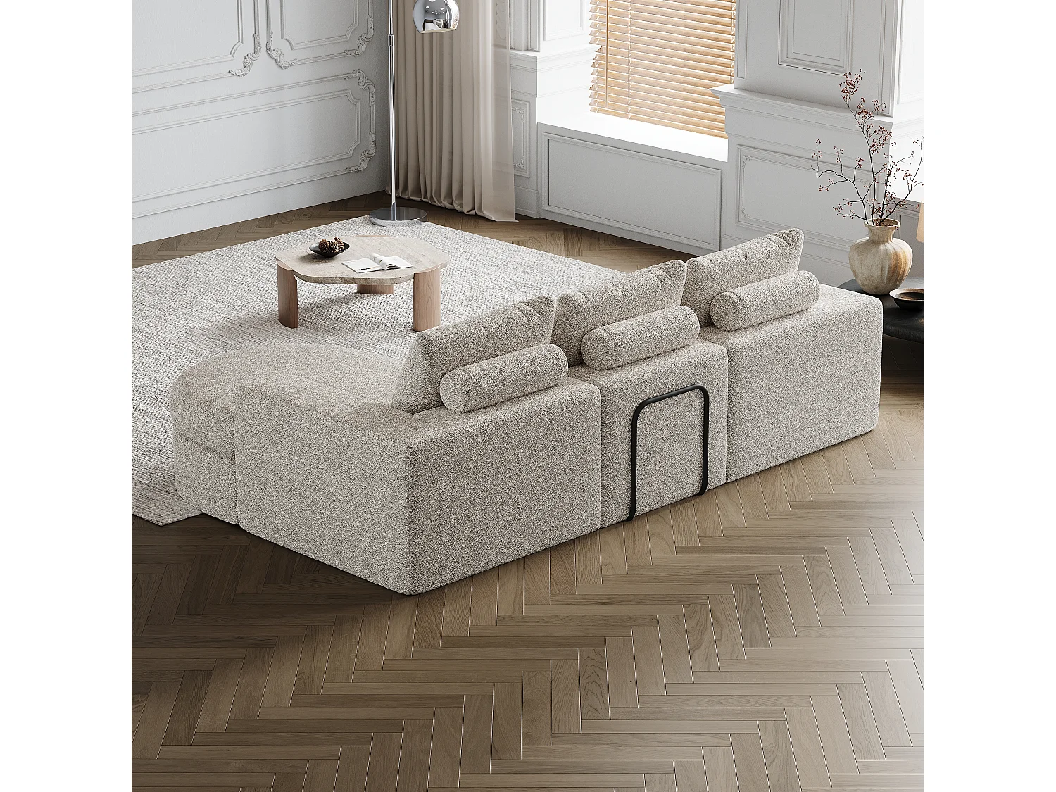 Sofá modular L de chenille com chaise longue de espuma sem montagem para sala de estar