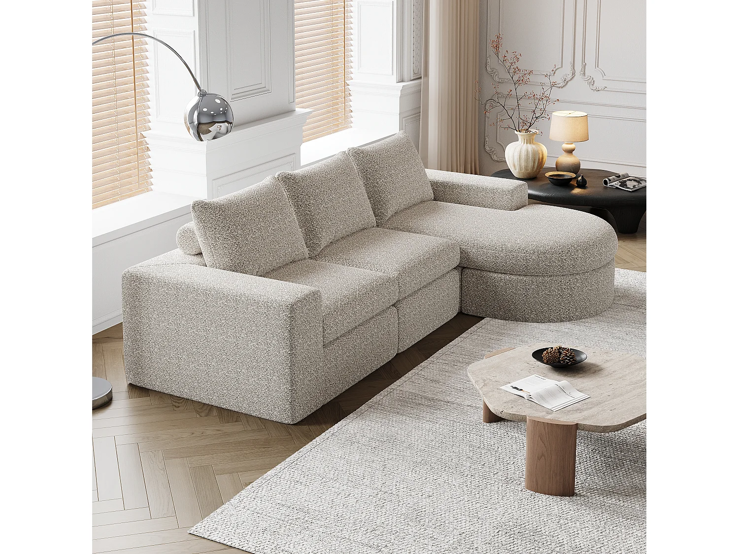 Sofá modular L de chenille com chaise longue de espuma sem montagem para sala de estar