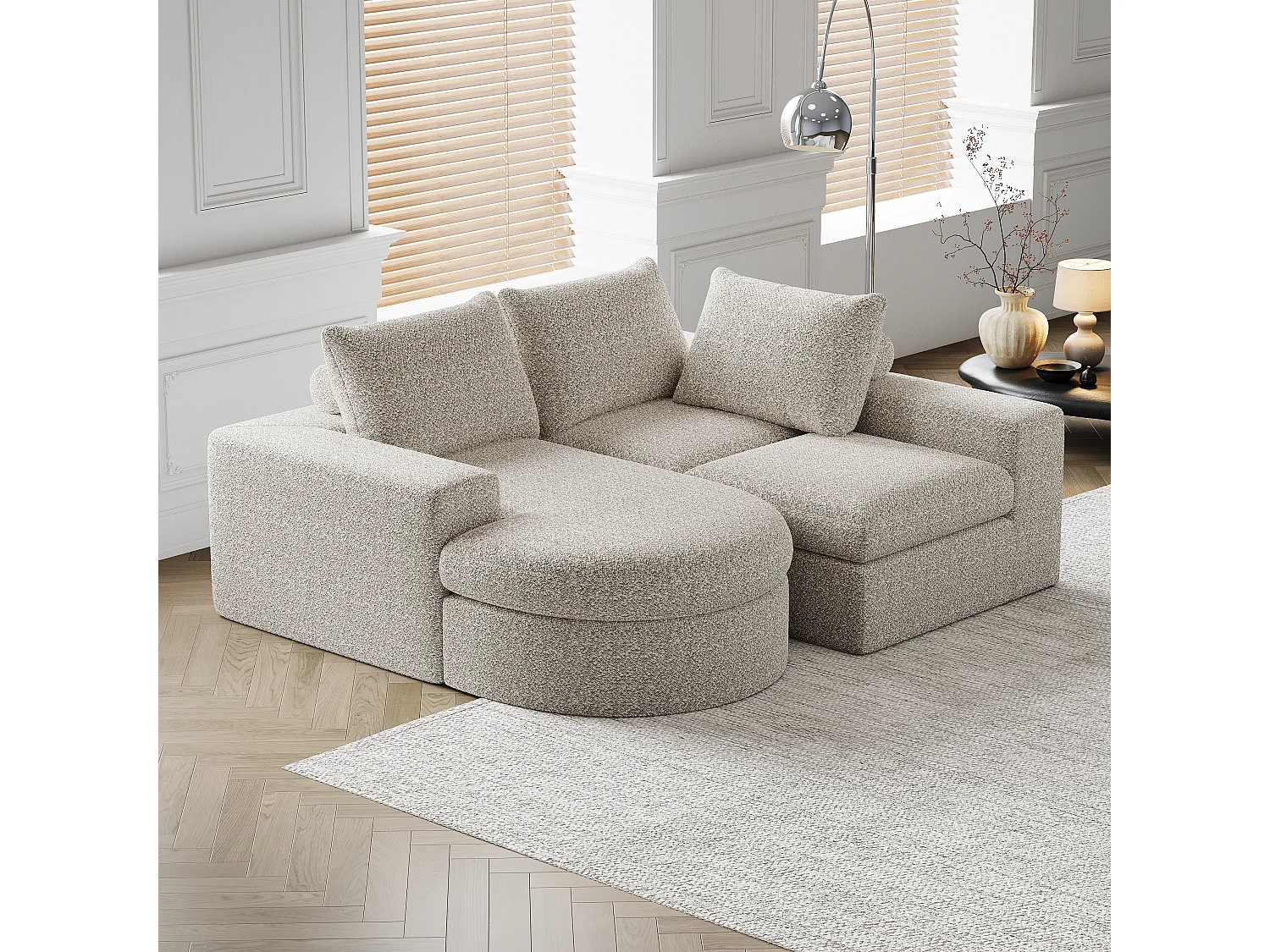 Sofá modular L de chenille com chaise longue de espuma sem montagem para sala de estar