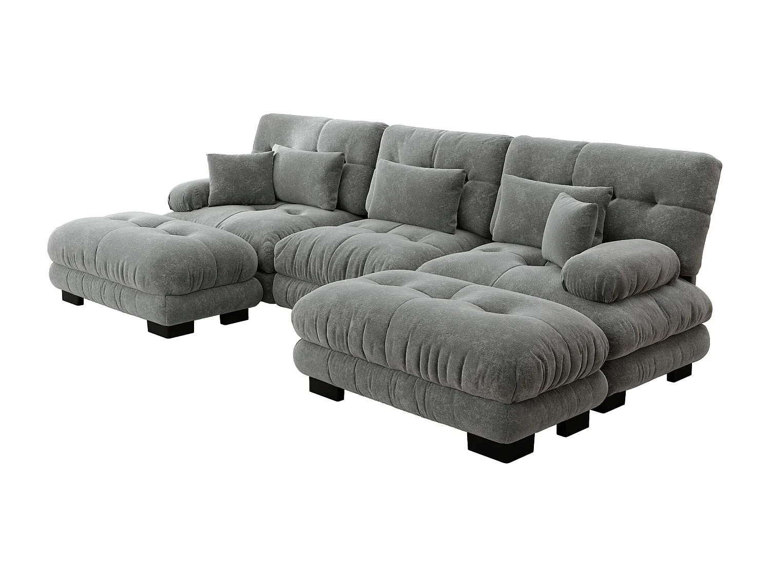 Canapé modulabile a U 6 posti grigio in ciniglia con assi profonde e pouf per salone