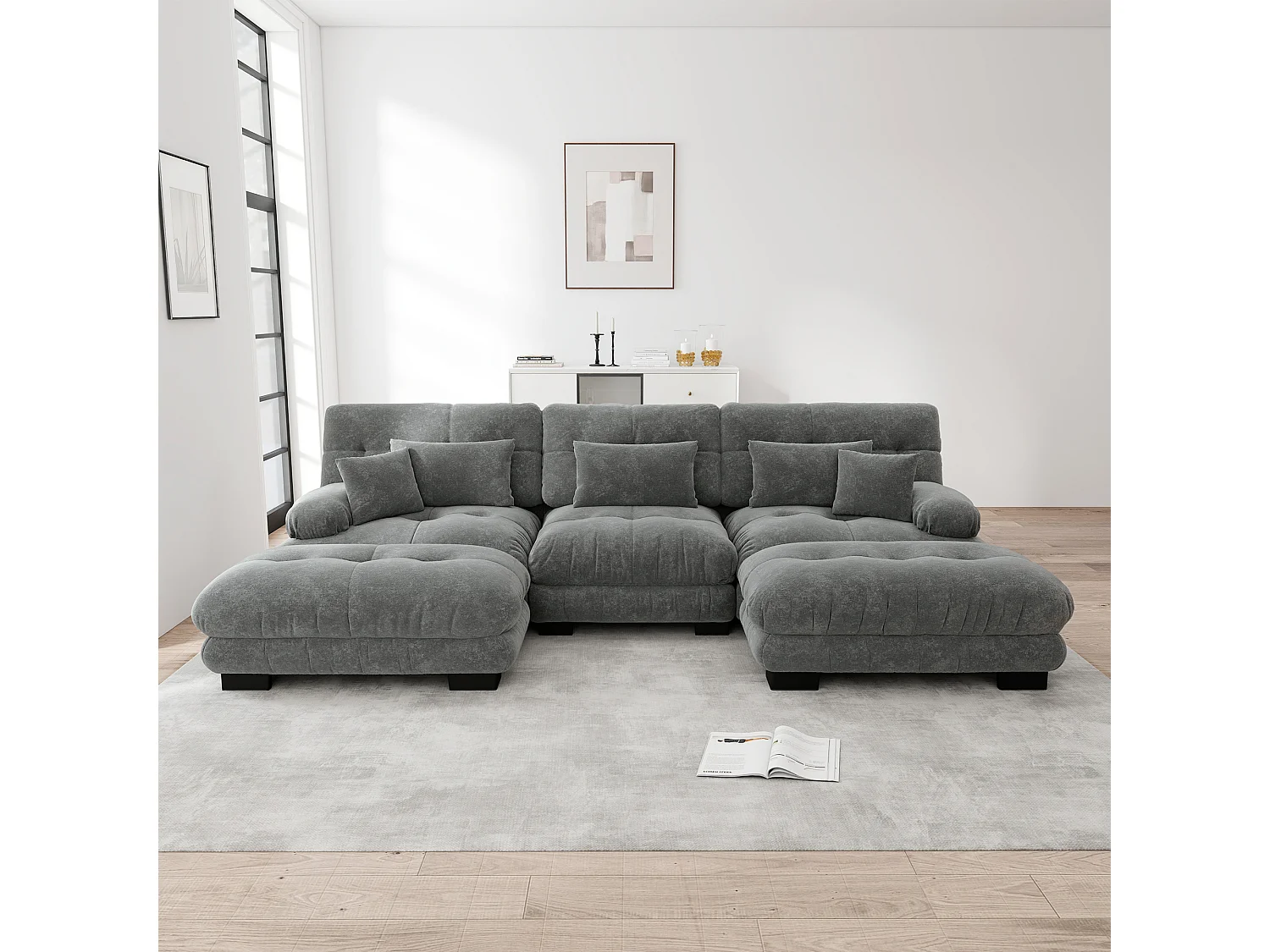 Canapé modulabile a U 6 posti grigio in ciniglia con assi profonde e pouf per salone