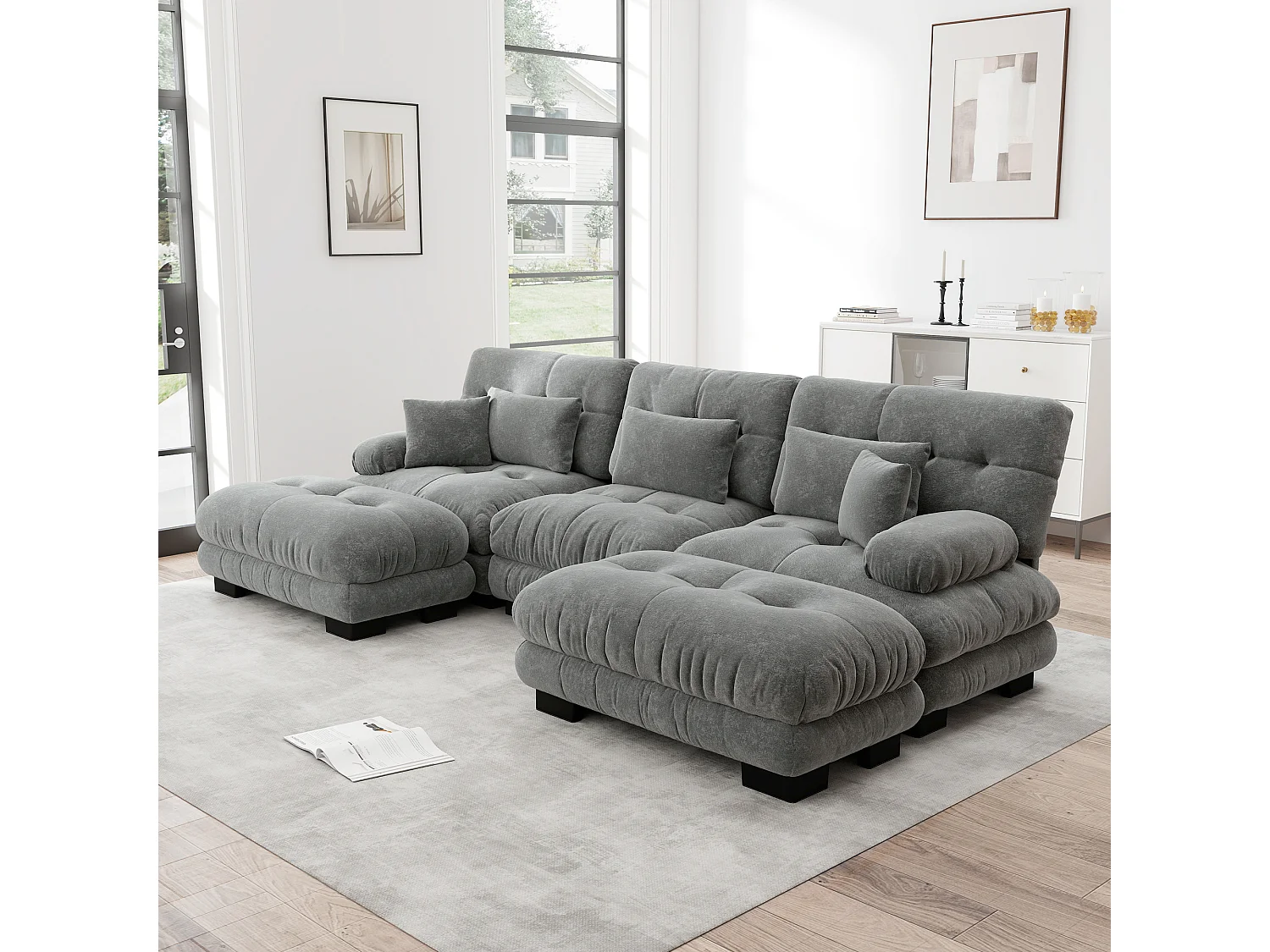 Canapé modulabile a U 6 posti grigio in ciniglia con assi profonde e pouf per salone