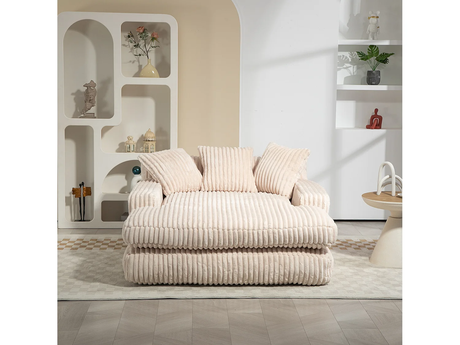 Canapé Lounge Cord Velours 1 Posto con 3 Coussins Salon Bureau Beige 125x155x63 cm