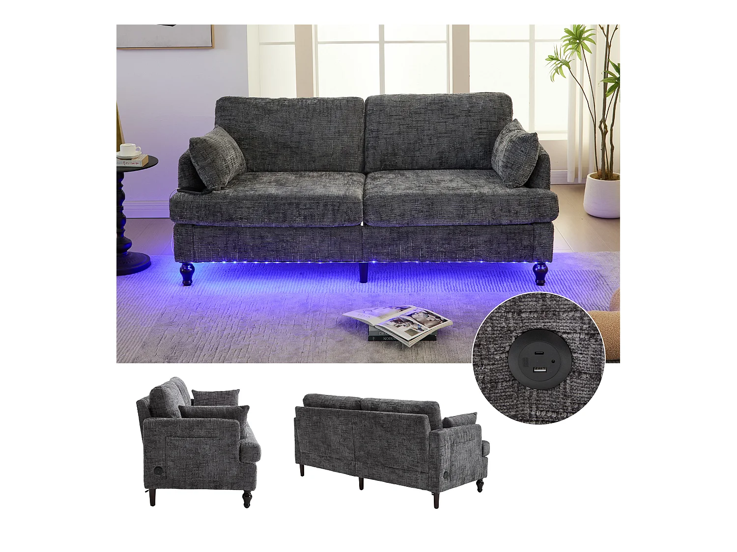 Sofá de chenilla de 2 plazas con LED y USB, patas de madera con almacenamiento lateral para sala de estar, dormitorio, oficina, color gris