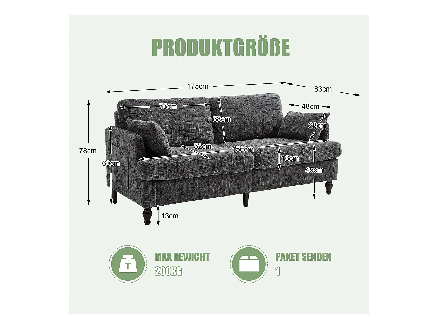 Sofá de chenilla de 2 plazas con LED y USB, patas de madera con almacenamiento lateral para sala de estar, dormitorio, oficina, color gris