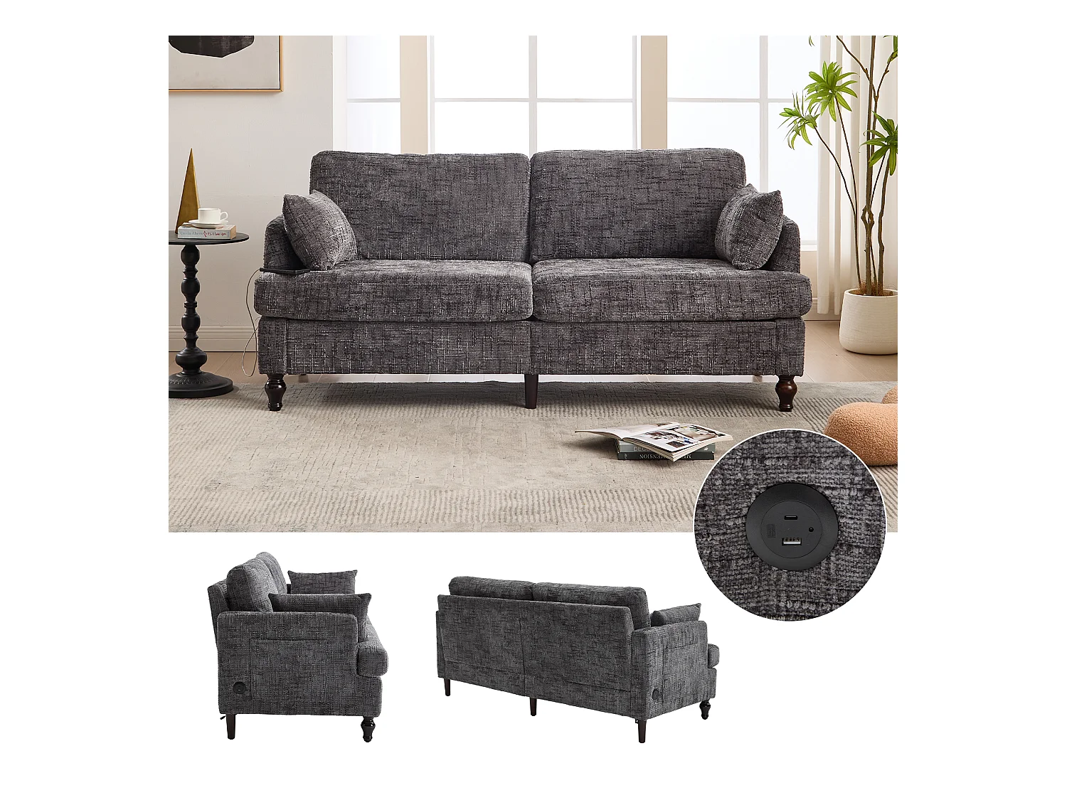 Sofá de chenilla de 2 plazas con LED y USB, patas de madera con almacenamiento lateral para sala de estar, dormitorio, oficina, color gris