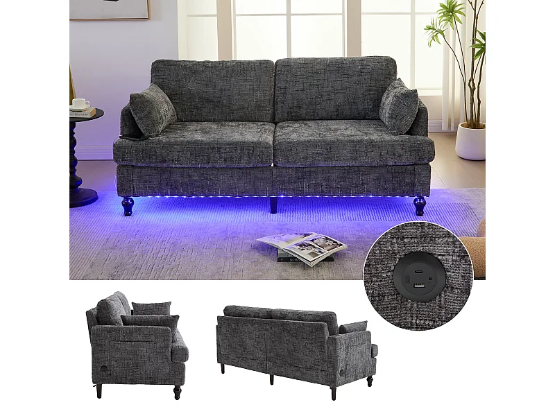 Sofá de 2 lugares em chenille com LED e USB, com pernas de madeira para armazenamento lateral, para sala de estar, quarto, escritório, cinza