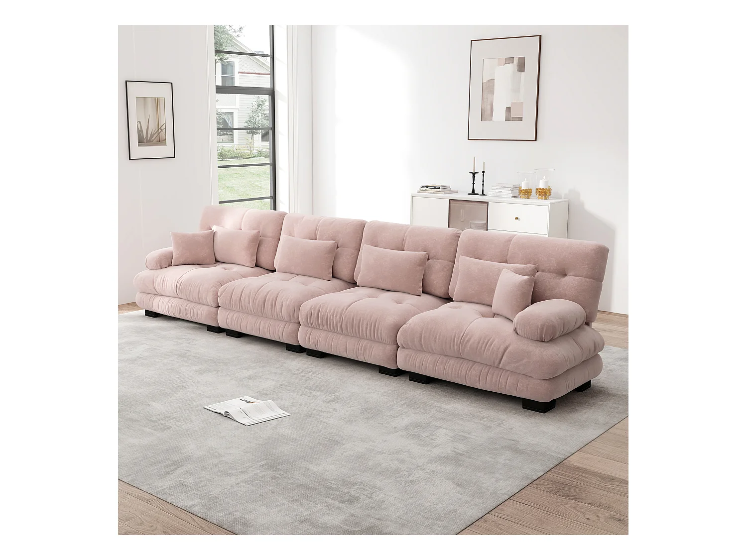 Sofá de canto modular conversível de chenille de 4 lugares com almofadas para sala de estar em rosa