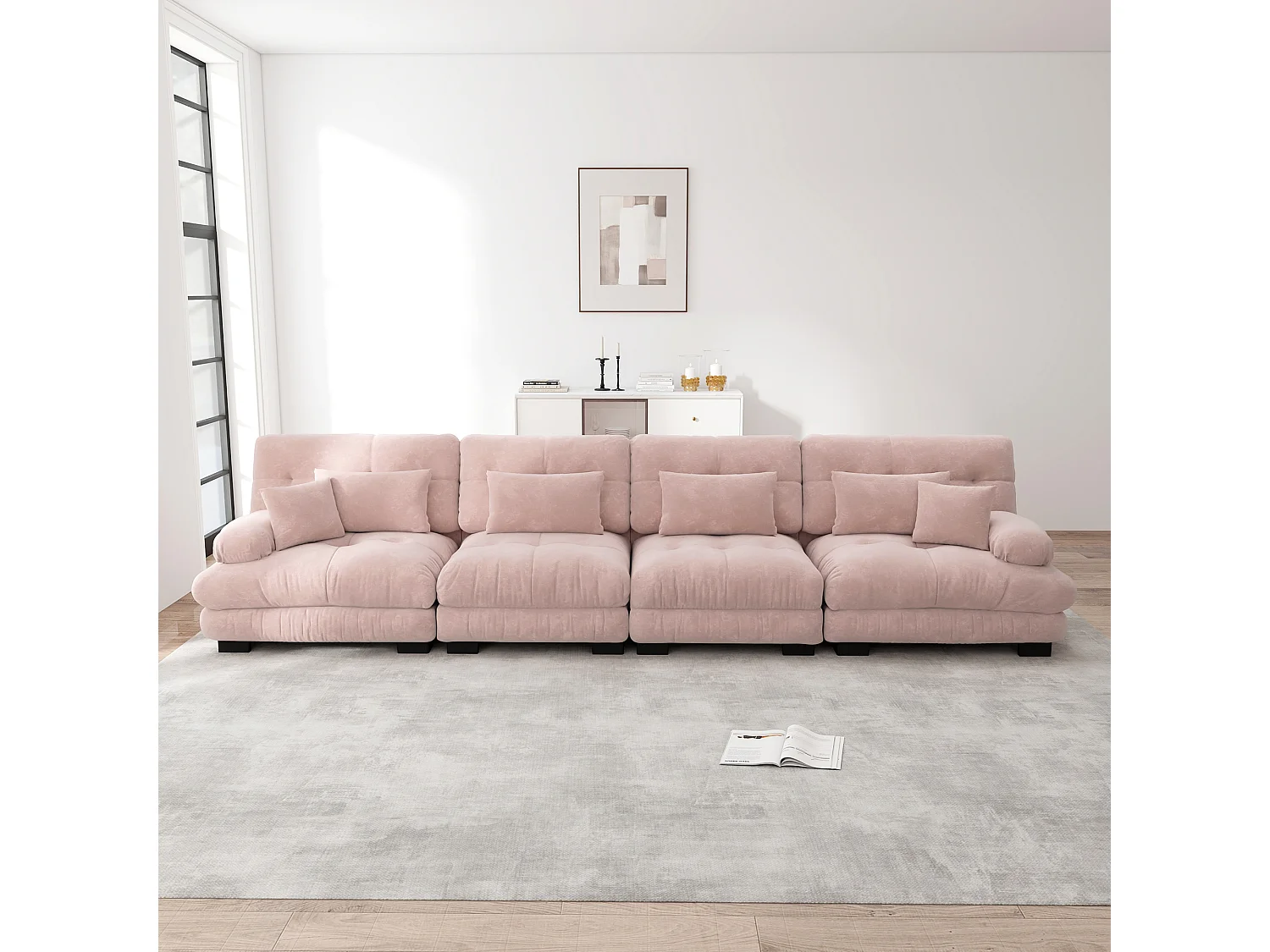 Canapé d'angolo modulabile 4 posti in ciniglia trasformabile con cuscini per salon rose