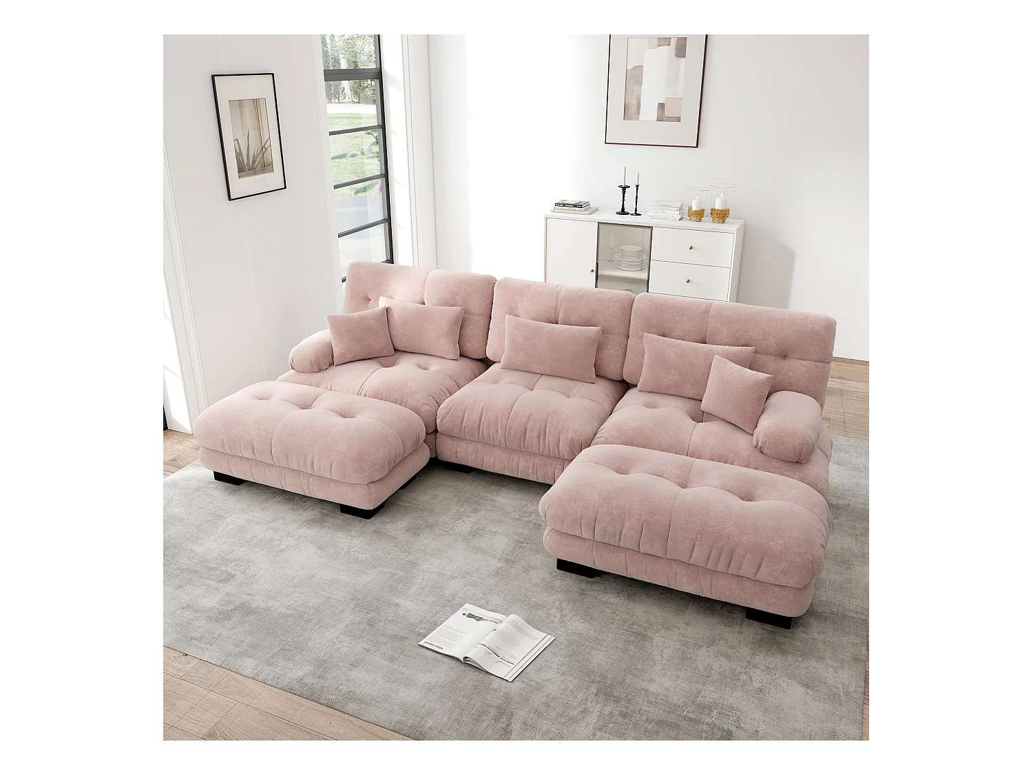 Sofá de canto modular conversível em chenille de 6 lugares em formato de U com pufes para sala de estar em rosa