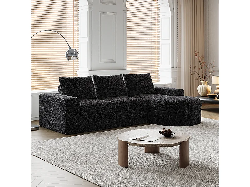 Sofá modular em chenille L com chaise longue em espuma de alta densidade sem montagem para sala de estar