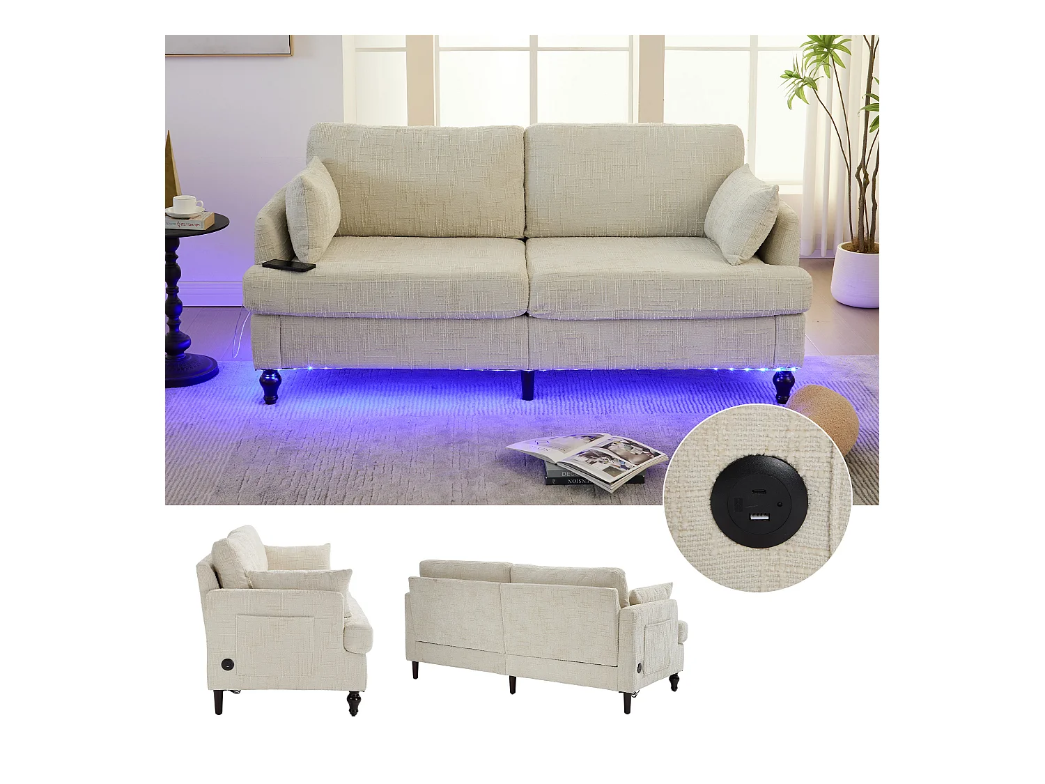 Sofá de chenilla de 2 plazas con LED USB y almacenaje lateral, patas de madera, para salón, dormitorio, despacho, color gris