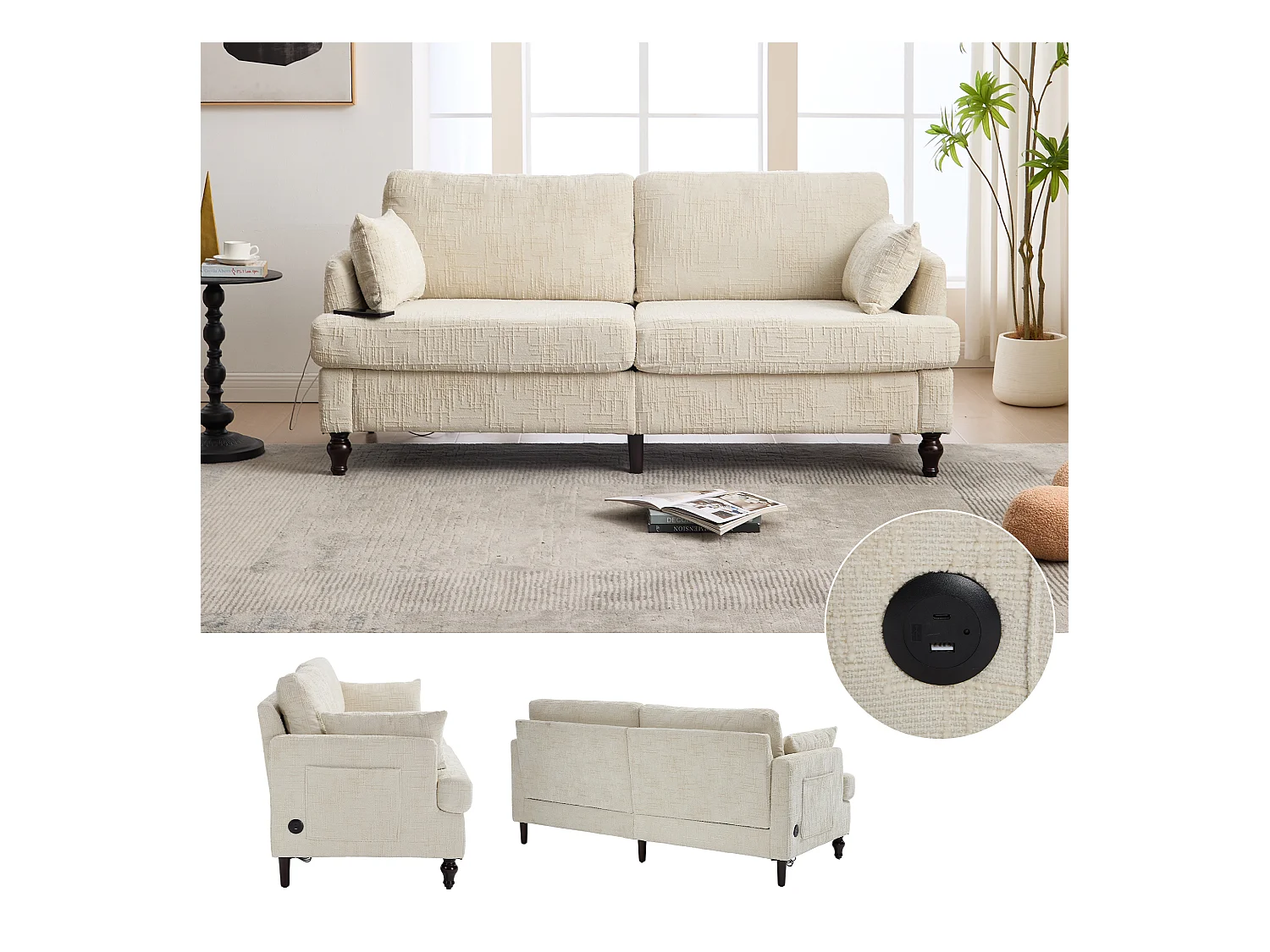 Sofá de chenilla de 2 plazas con LED USB y almacenaje lateral, patas de madera, para salón, dormitorio, despacho, color gris