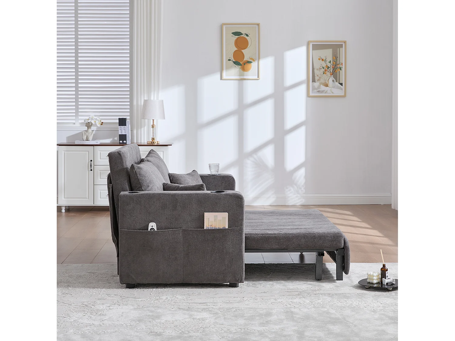 Sofá cama de tela de 2 plazas con portavasos con almacenamiento USB para sala de estar y dormitorio en gris