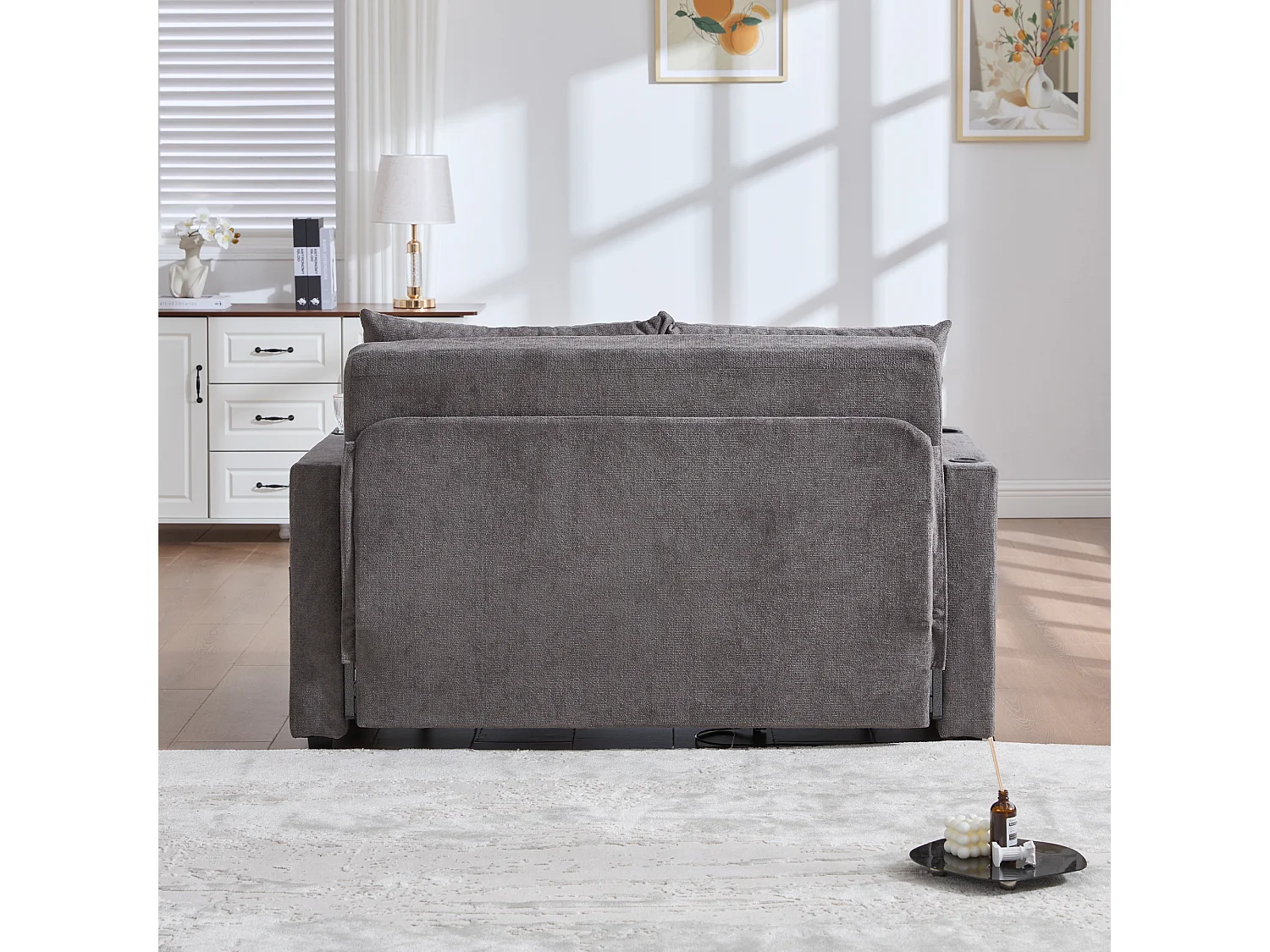 Sofá cama de tela de 2 plazas con portavasos con almacenamiento USB para sala de estar y dormitorio en gris