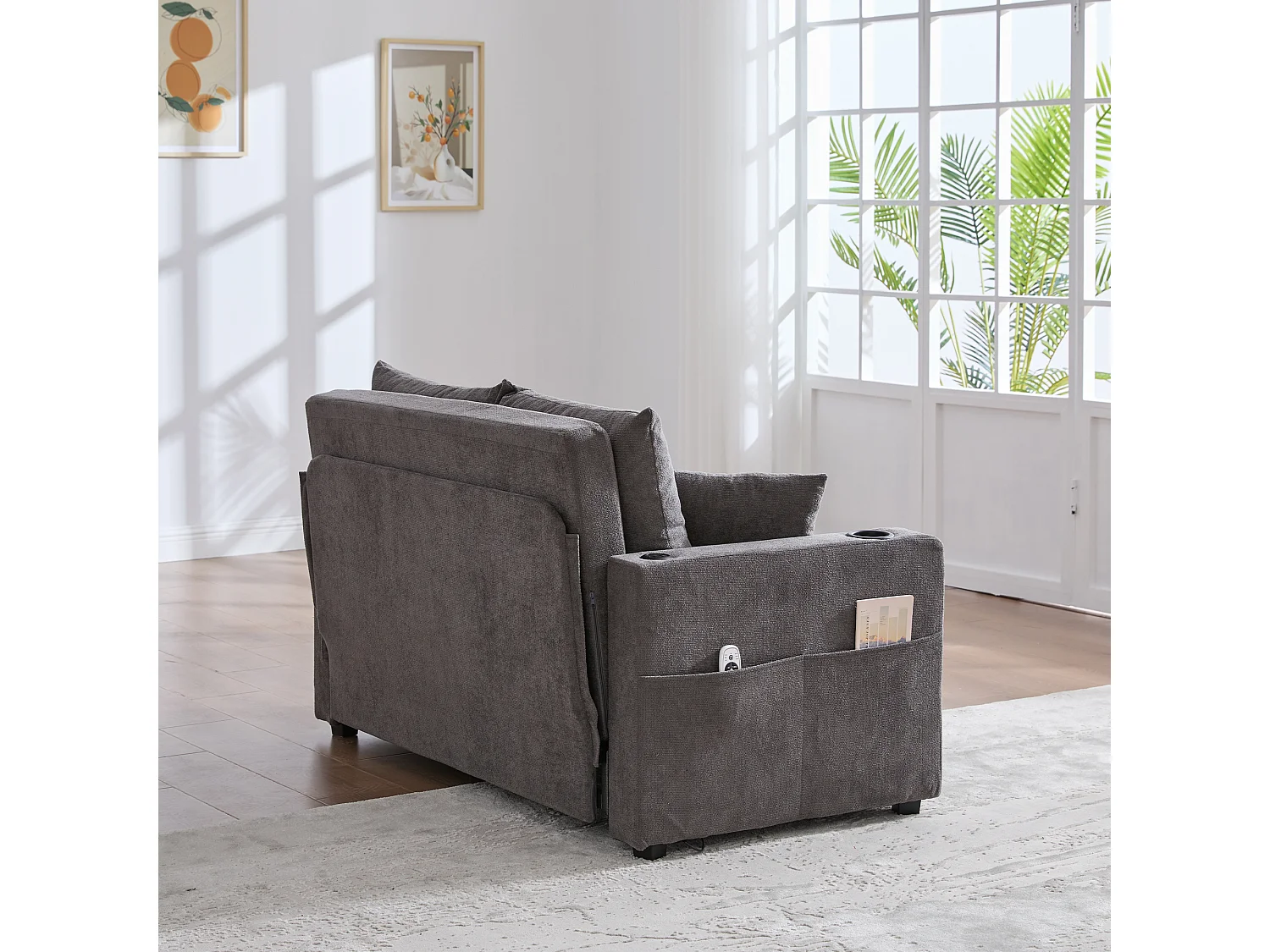 Canapé convertibile 2 posti tissu avec rangement USB porte-gobelet salon chambre gris