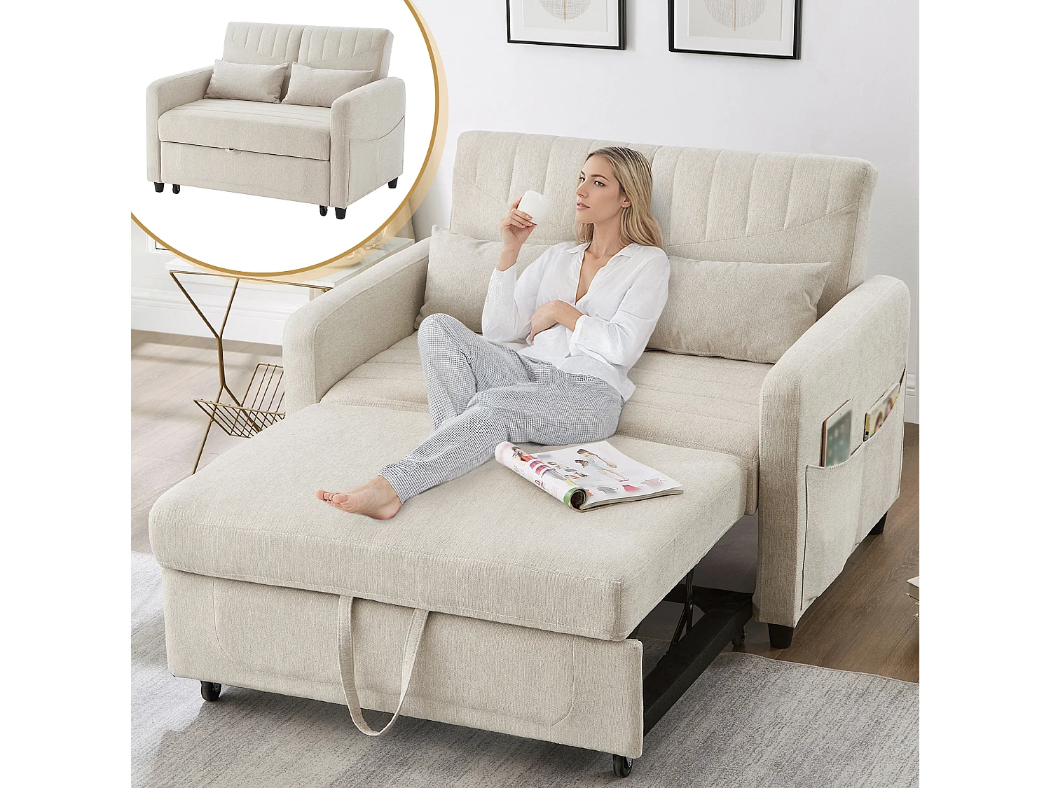 Canapé 2 posti convertibile Tissu Coton-Lin Lit Salon Chambre Gris Moderne