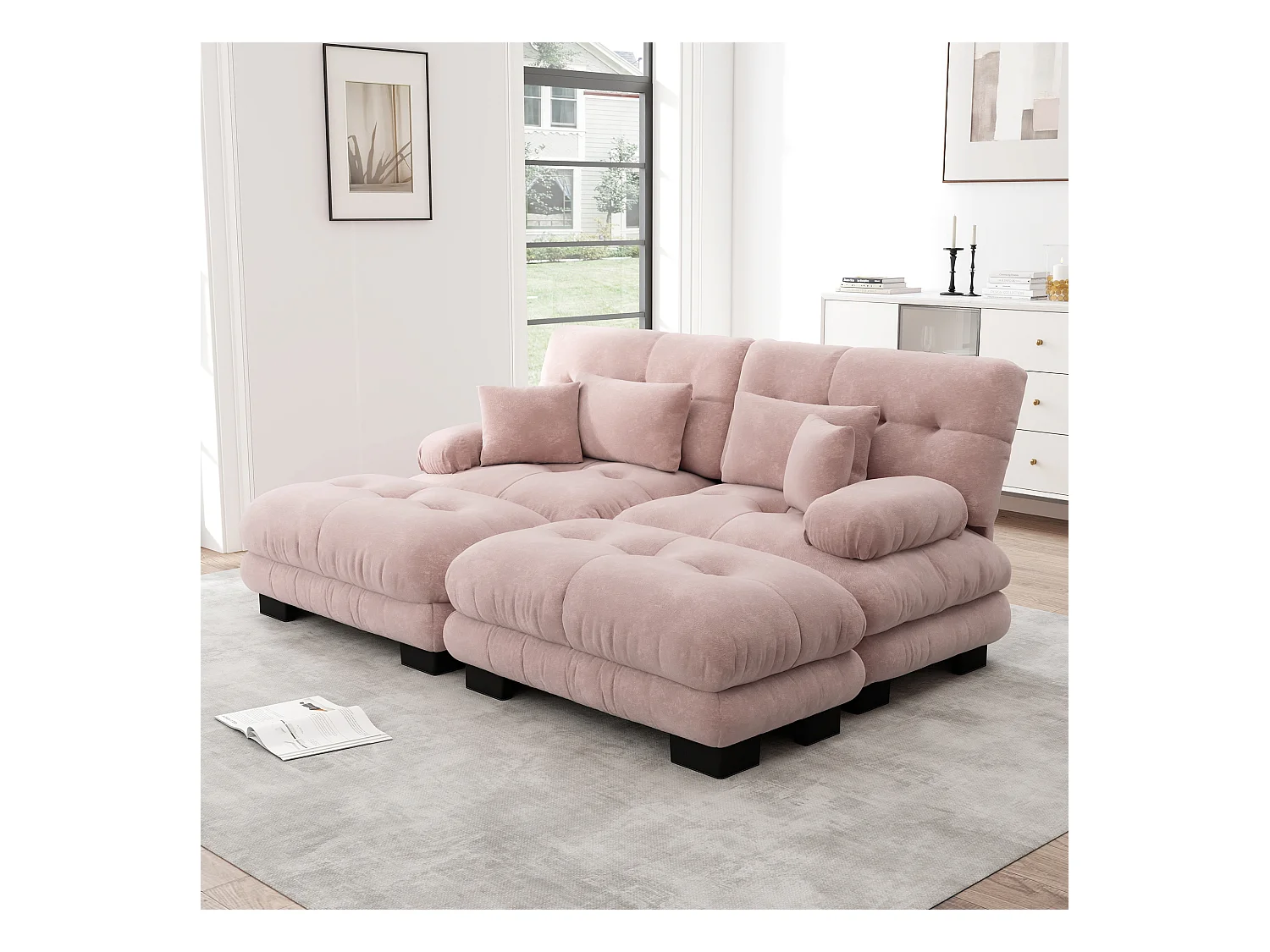 Sofá de canto de 2 lugares em tecido chenille, sofá modular com 2 pufes e almofadas para sala de estar rosa