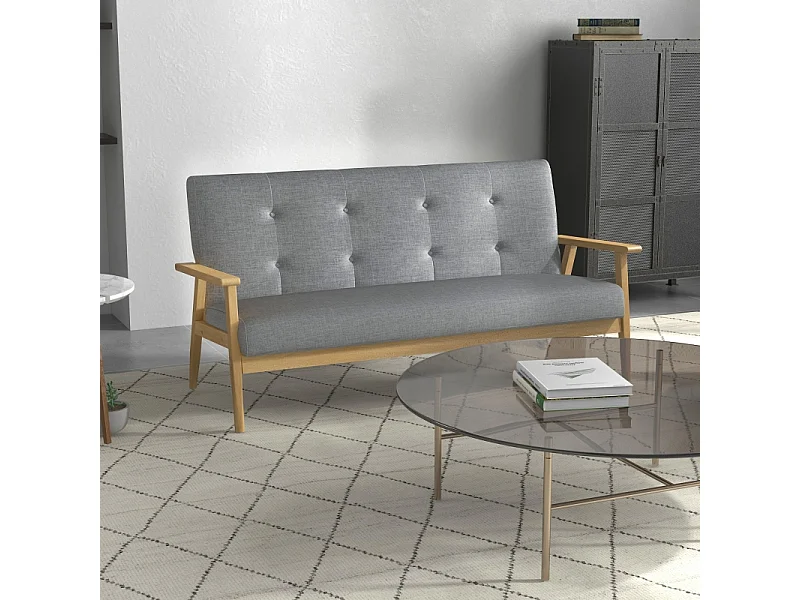 Cómodo sofá de 3 plazas en madera de caucho y tejido de lino para salón, 154,5 x 69,5 x 73 cm, gris