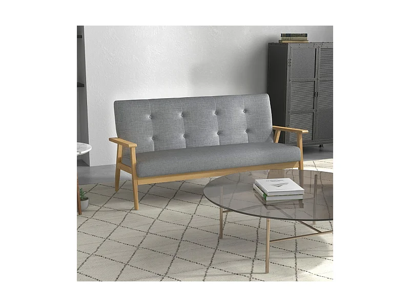 Canapé 3 posti bois caoutchouc tissu lin confortable pour salon 154,5 x 69,5 x 73 cm grigio