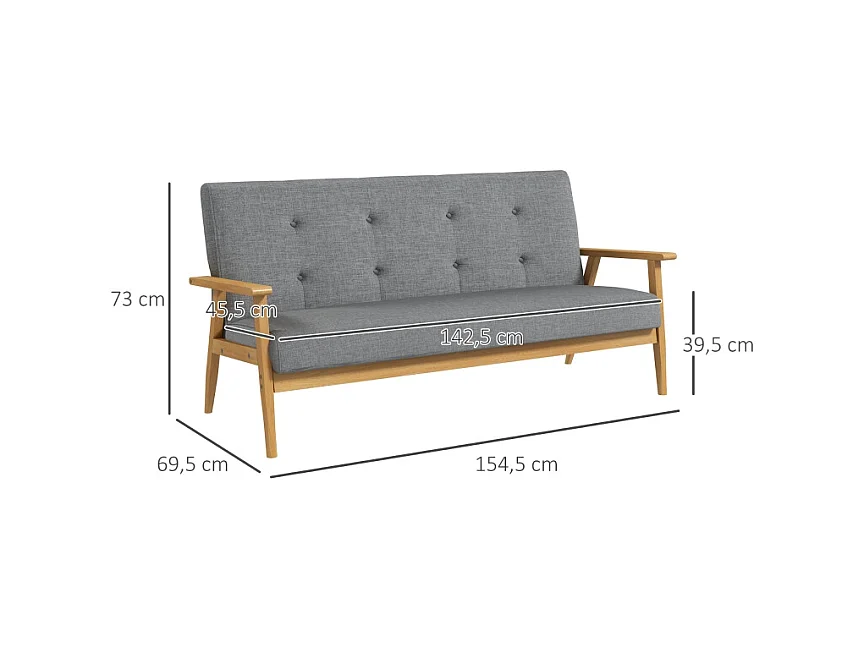 Cómodo sofá de 3 plazas en madera de caucho y tejido de lino para salón, 154,5 x 69,5 x 73 cm, gris
