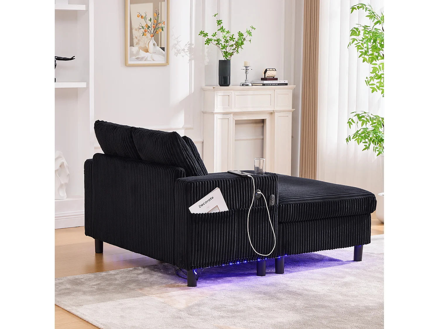 Poltrona relaxante de veludo com LED, porta USB e porta-copos, poltrona ergonômica para sala de estar e quarto, cinza