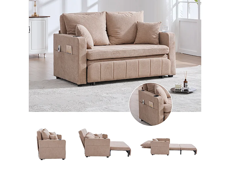 Canapé convertibile 2 posti tissu avec rangement USB porte-gobelet salon chambre gris