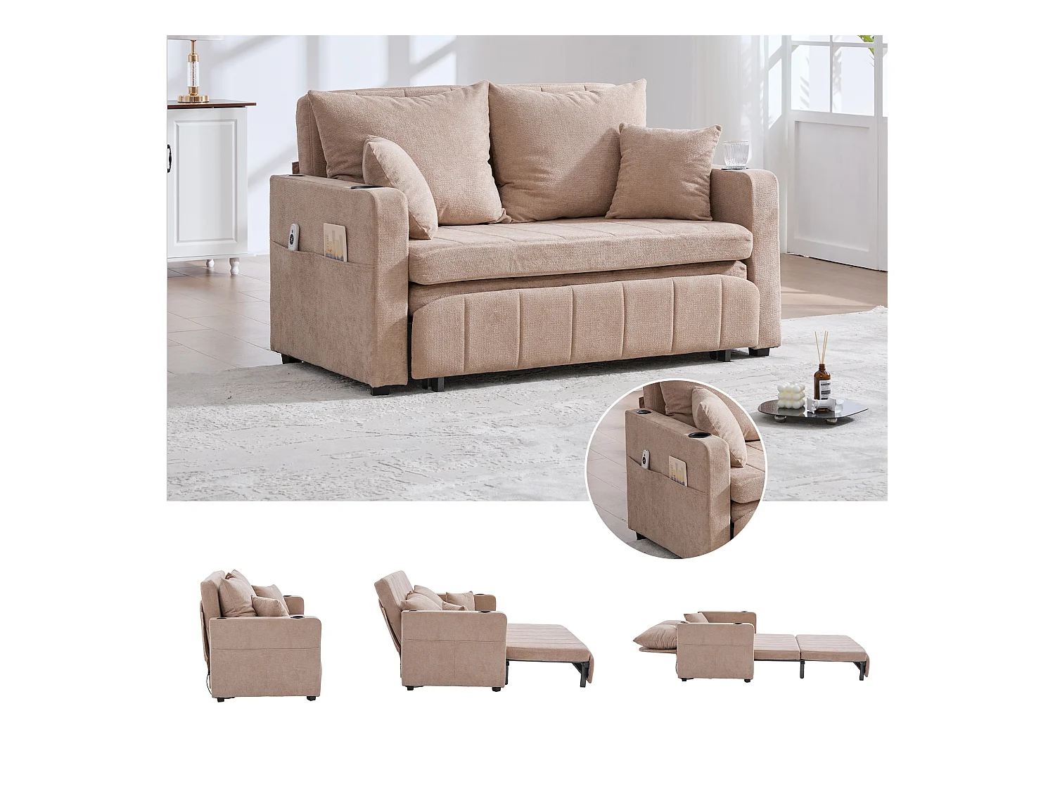 Canapé convertibile 2 posti tissu avec rangement USB porte-gobelet salon chambre gris