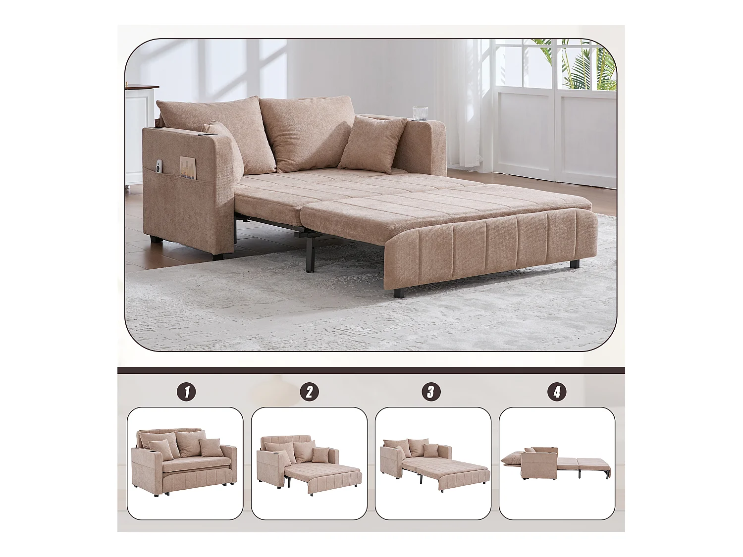 Sofá cama de tela de 2 plazas con portavasos con almacenamiento USB para sala de estar y dormitorio en gris