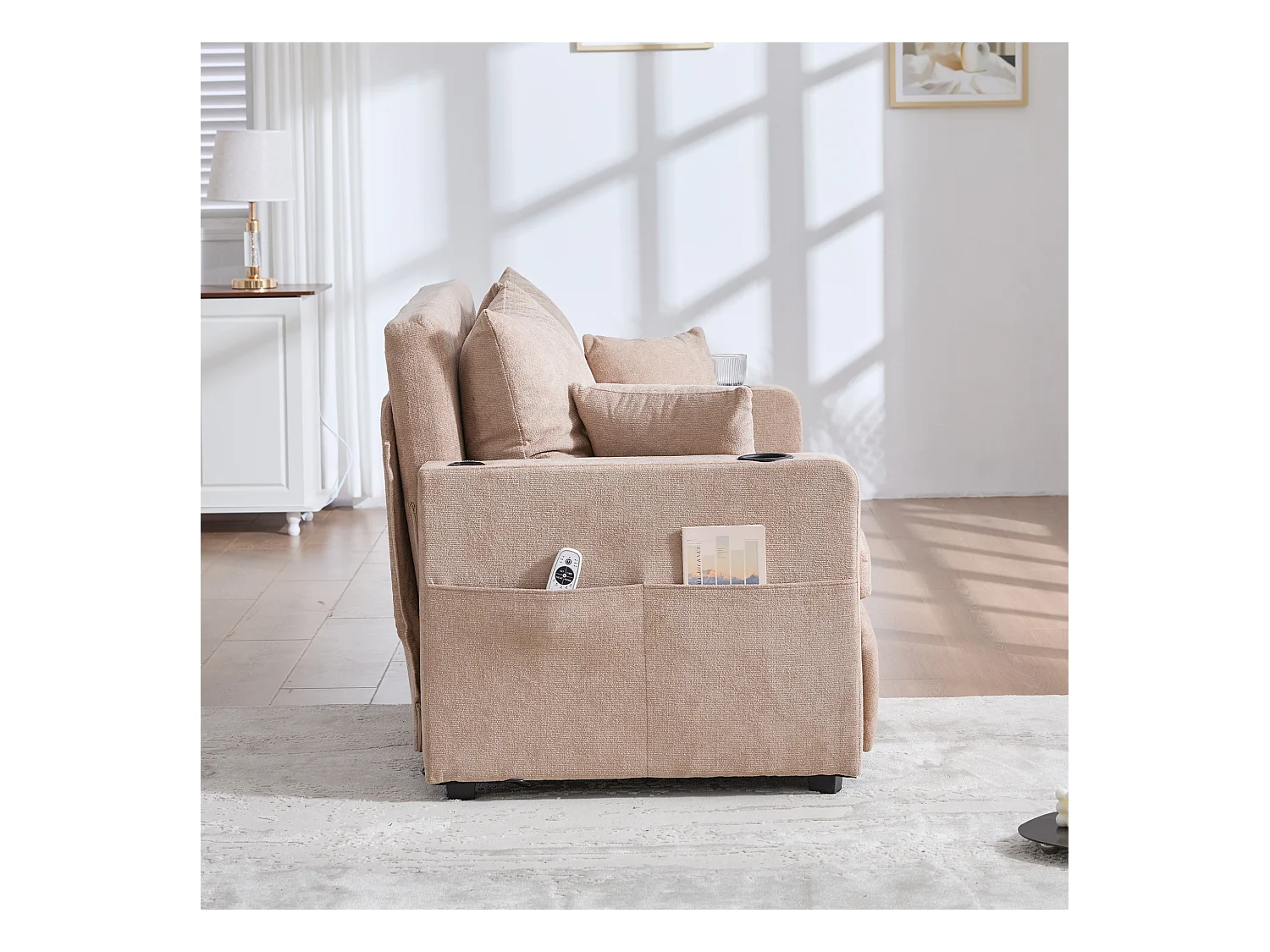 Sofá cama de tela de 2 plazas con portavasos con almacenamiento USB para sala de estar y dormitorio en gris