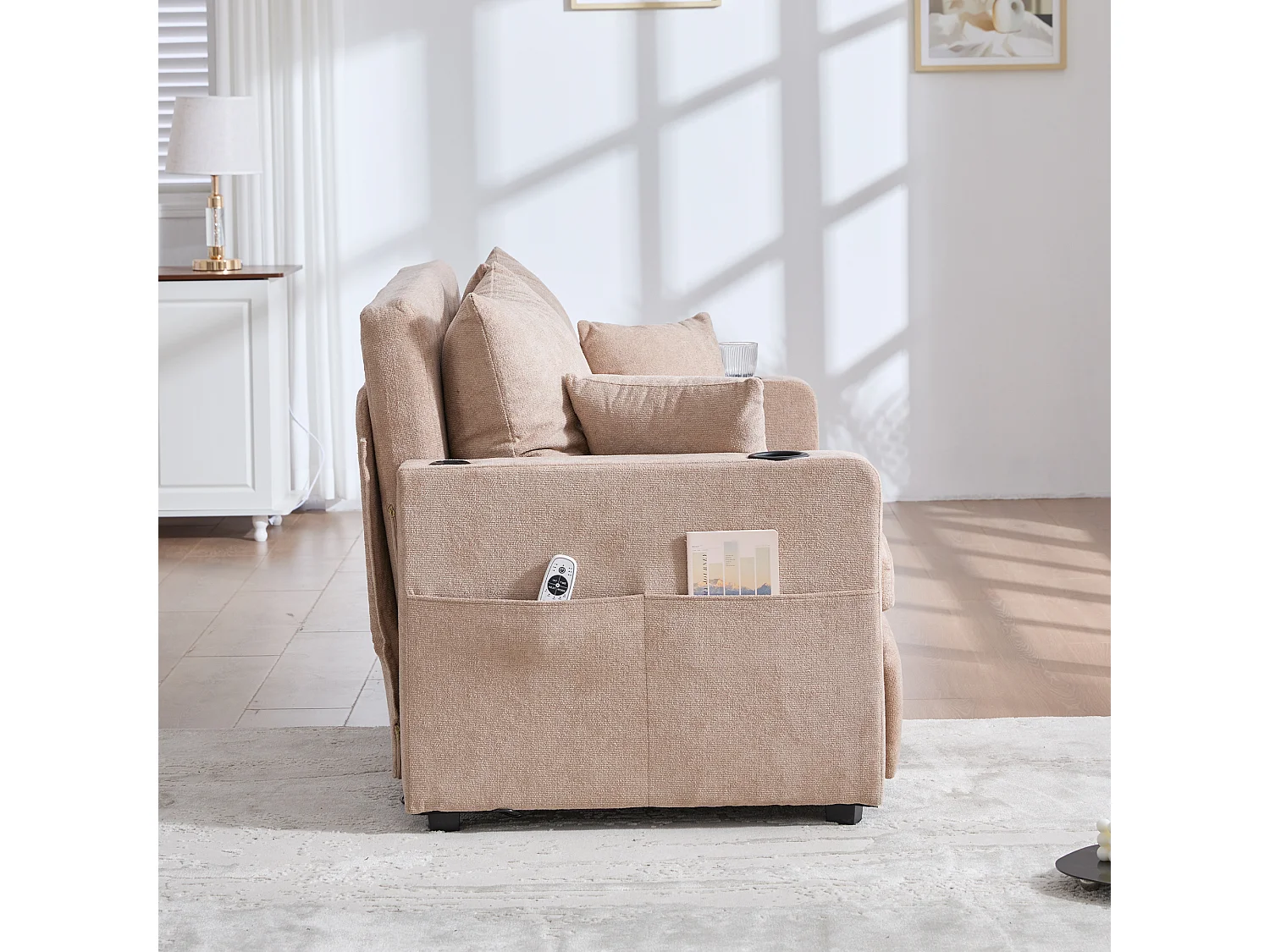 Canapé convertibile 2 posti tissu avec rangement USB porte-gobelet salon chambre gris