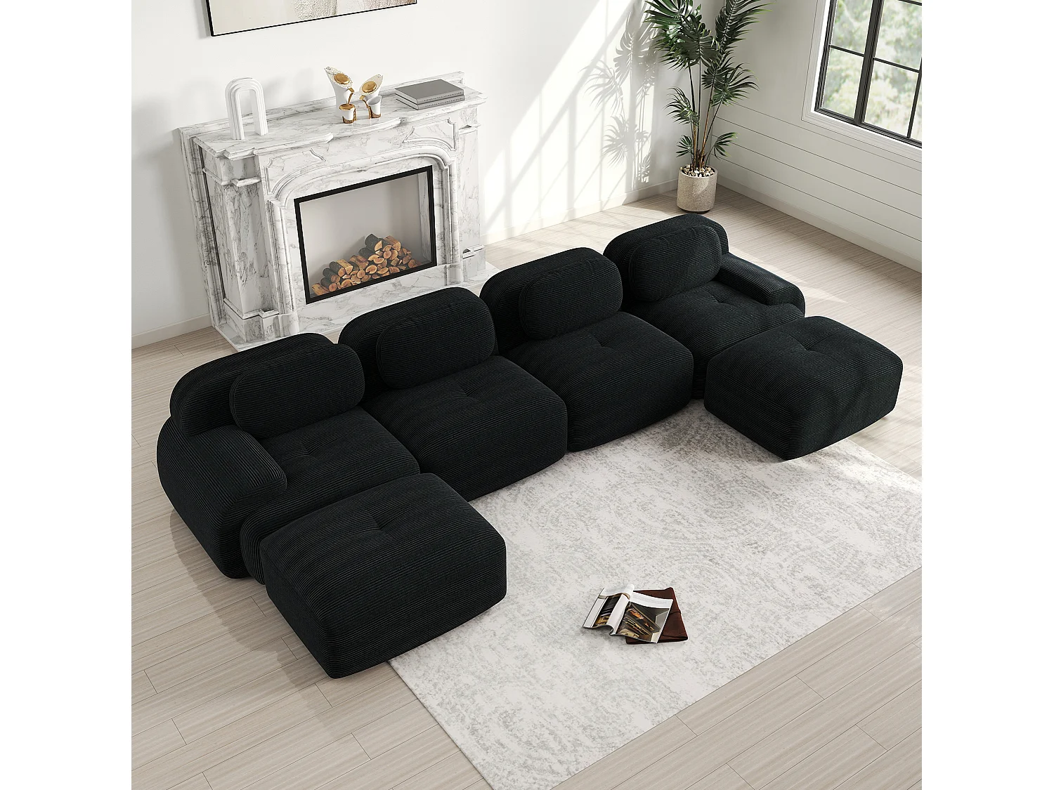 Canapé modulabile a U 5 posti in velluto senza montaggio ergonomico per salone e camera nera