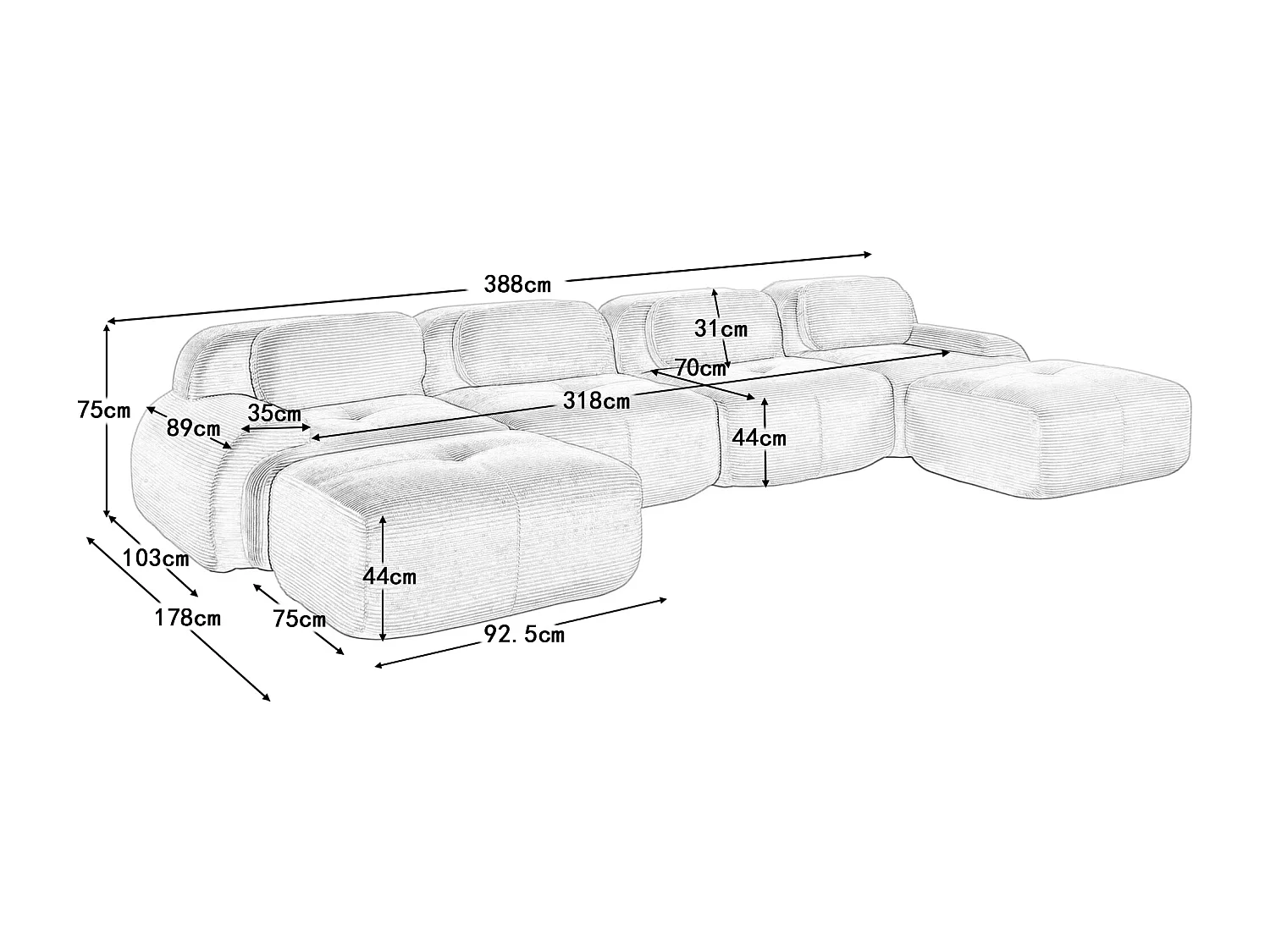 Canapé modulabile a U 5 posti in velluto senza montaggio ergonomico per salone e camera nera