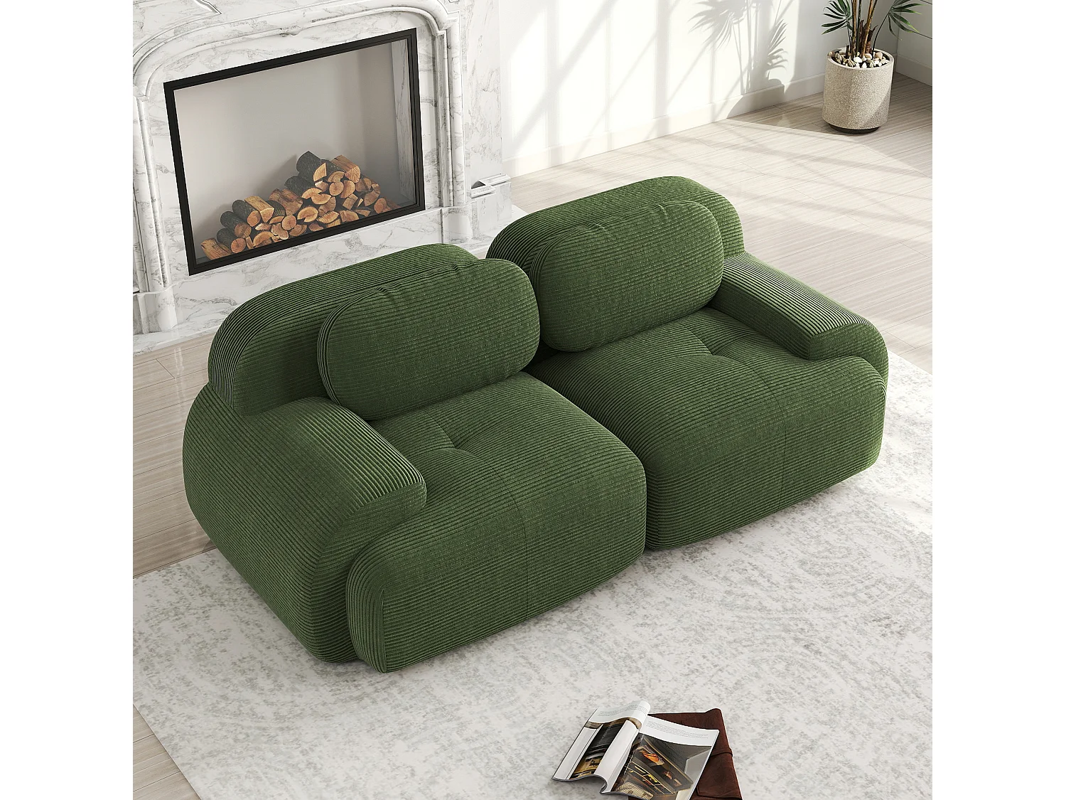 Canapé modulabile 2 posti velours côtelé vert con accoudoirs courbés et coussins élastiques 82''