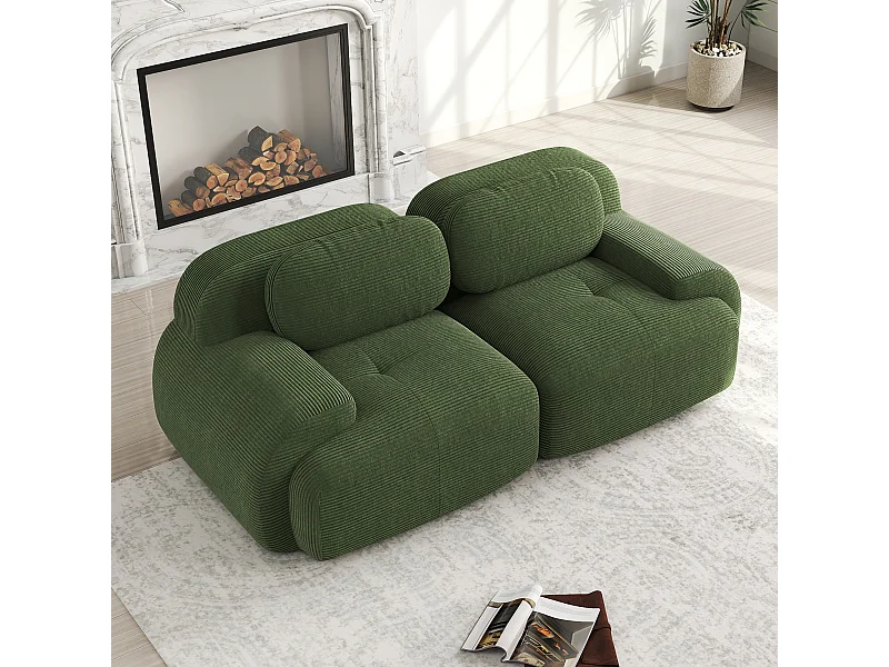 Canapé modulabile 2 posti velours côtelé vert con accoudoirs courbés et coussins élastiques 82''