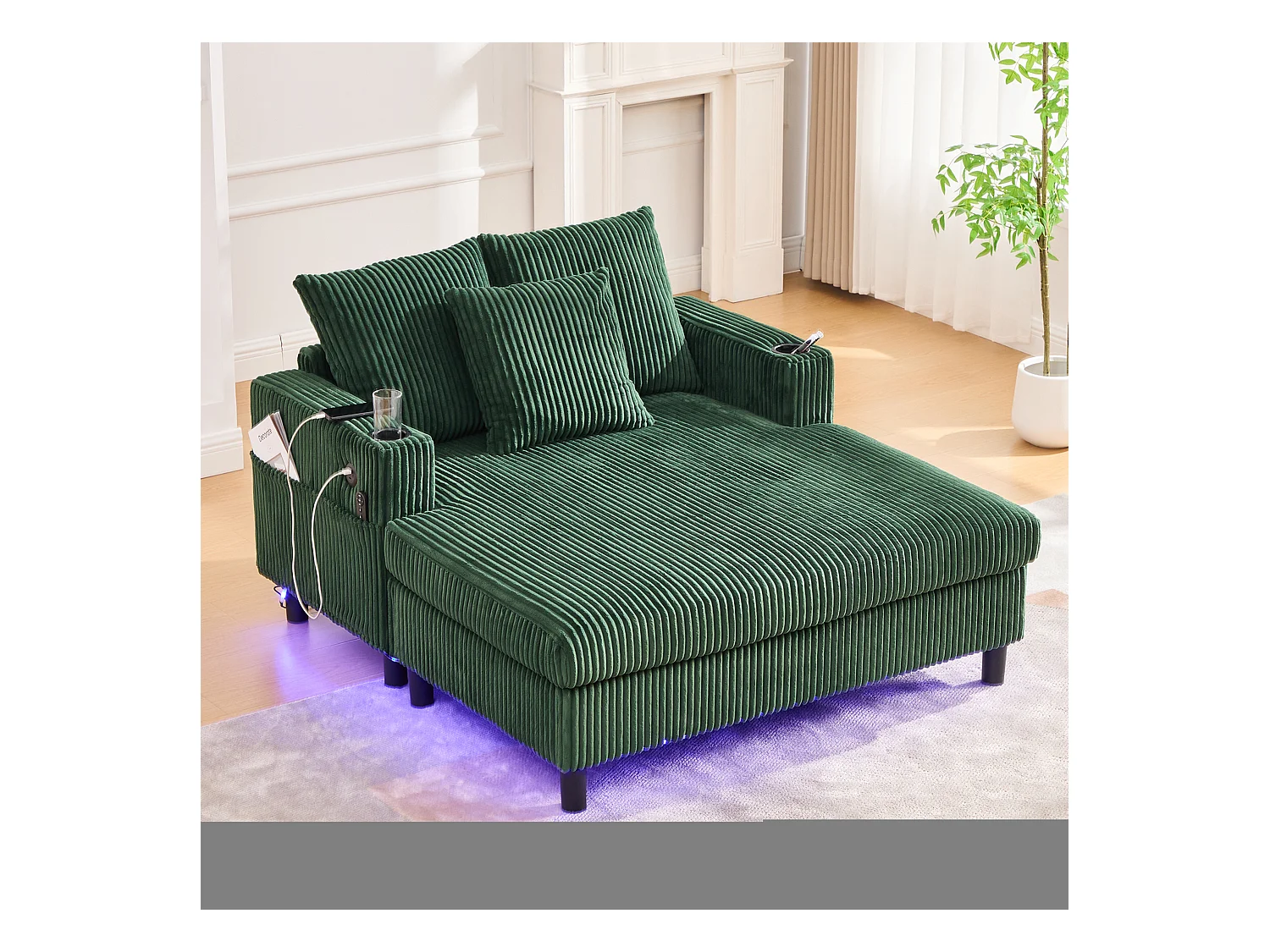 Lampada relax XXL in velluto con LED, porta USB e porta-gobelet per salone e camera, grigio