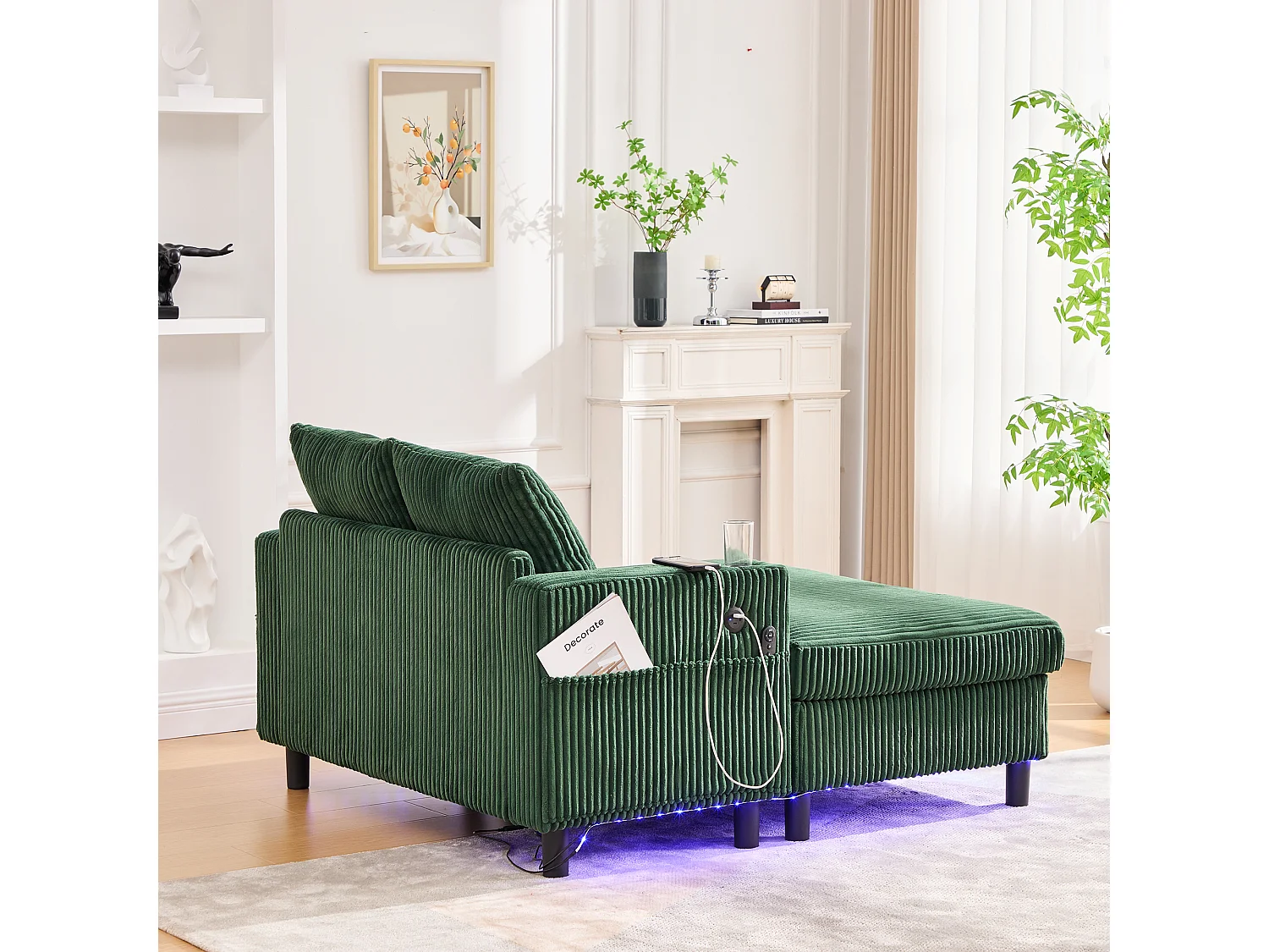 Poltrona relaxante de veludo XXL com LED, porta USB e porta-copos para sala de estar e quarto, cinza