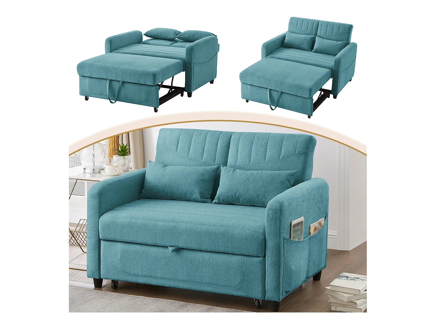 Sofá cama convertible 2 plazas algodón lino pequeño espacio cama supletoria respaldo regulable gris claro 180 cm