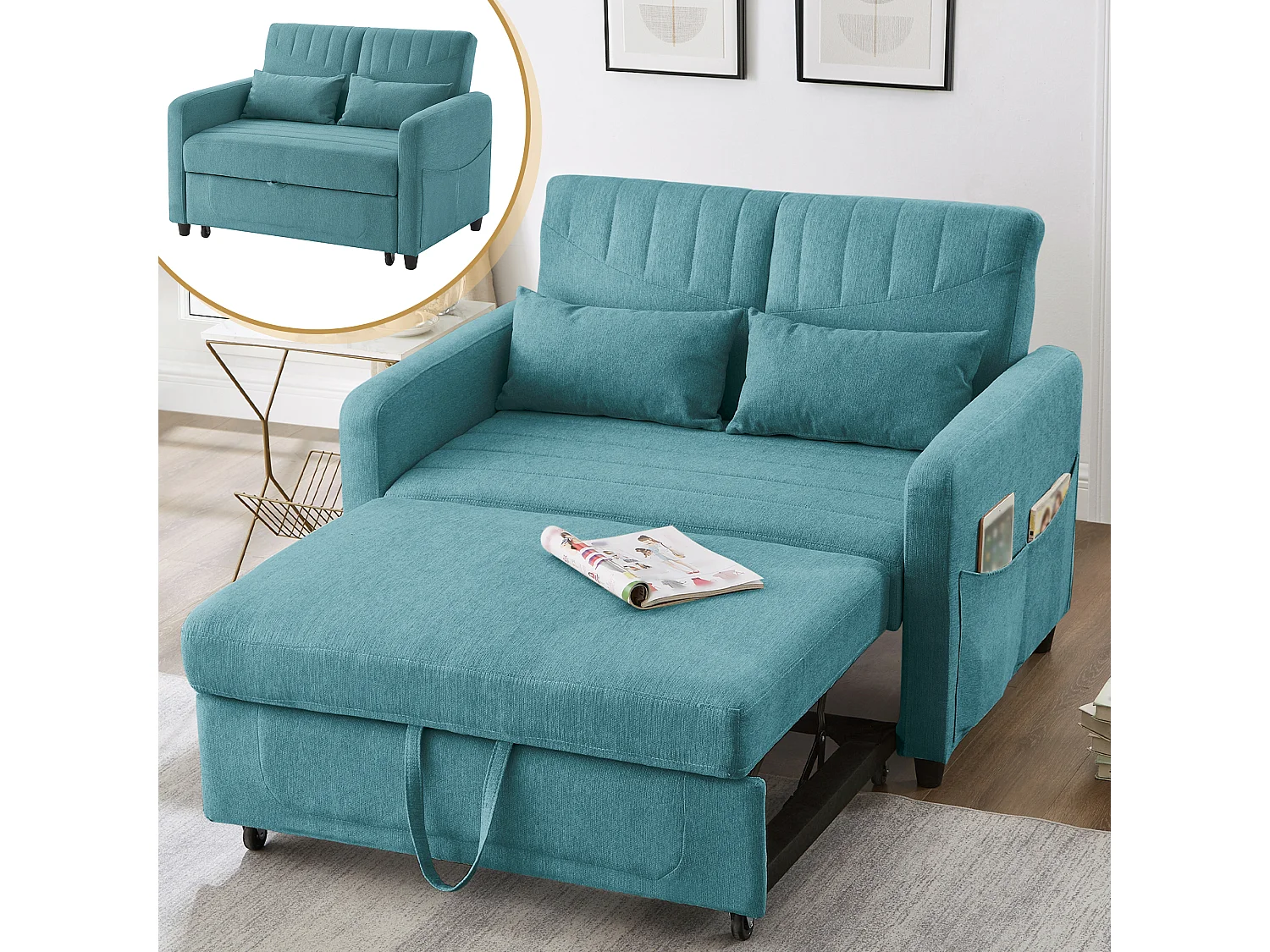 Sofá-cama conversível de 2 lugares, algodão, linho, cama extra pequena, encosto ajustável, cinza claro, 180 cm