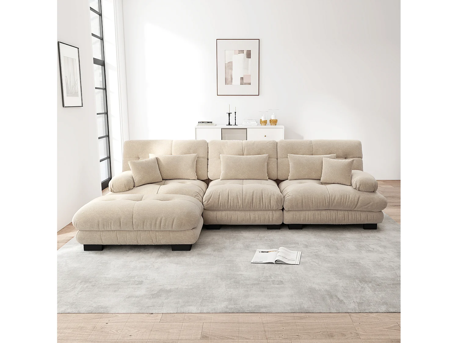 Sofá esquinero modular en forma de L con chenilla y otomana profunda para sala de estar y dormitorio.