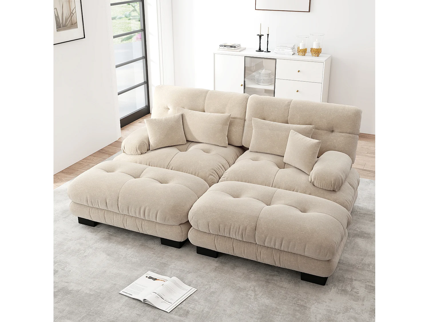 Sofá esquinero de 2 plazas de chenilla con 2 otomanas y cojines ergonómicos para salón, dormitorio, luz