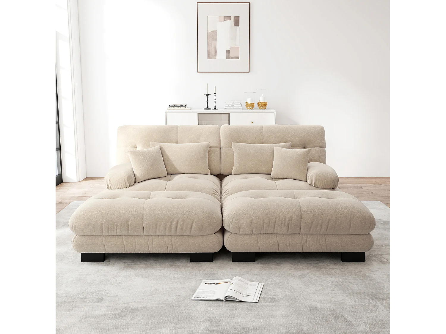 Sofá esquinero de 2 plazas de chenilla con 2 otomanas y cojines ergonómicos para salón, dormitorio, luz