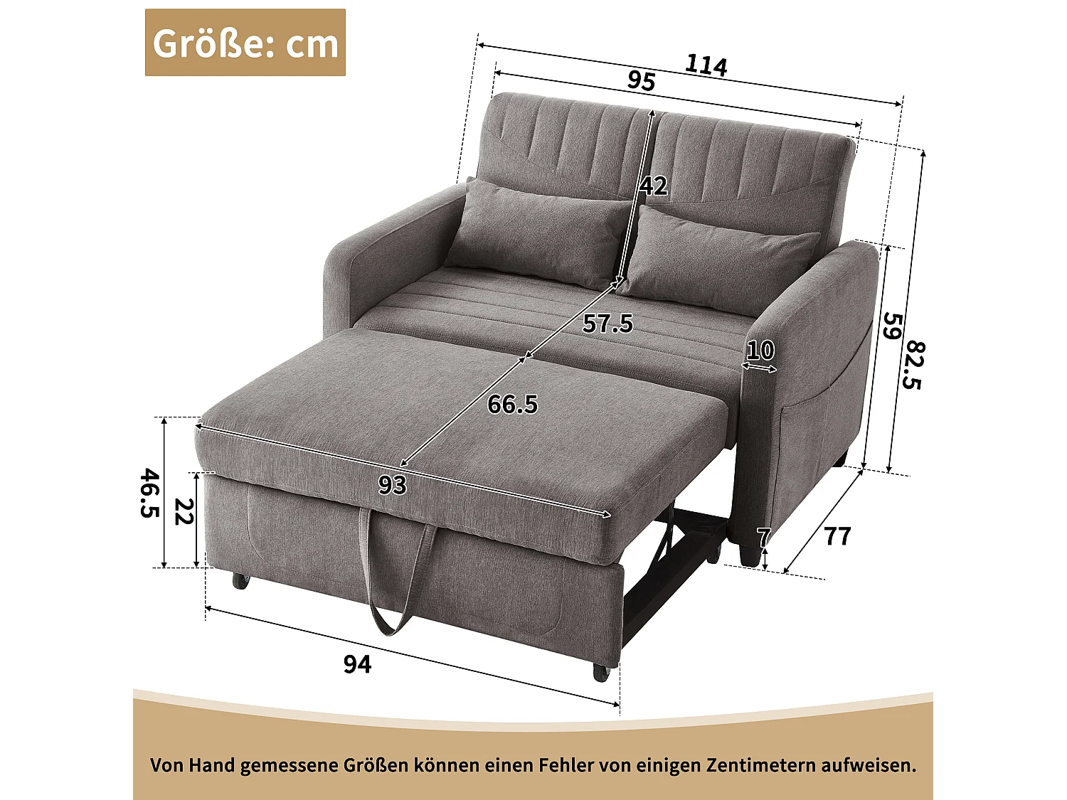 Sofá-cama de 2 lugares em tecido de algodão e linho com encosto ajustável, cinza claro, 180 cm