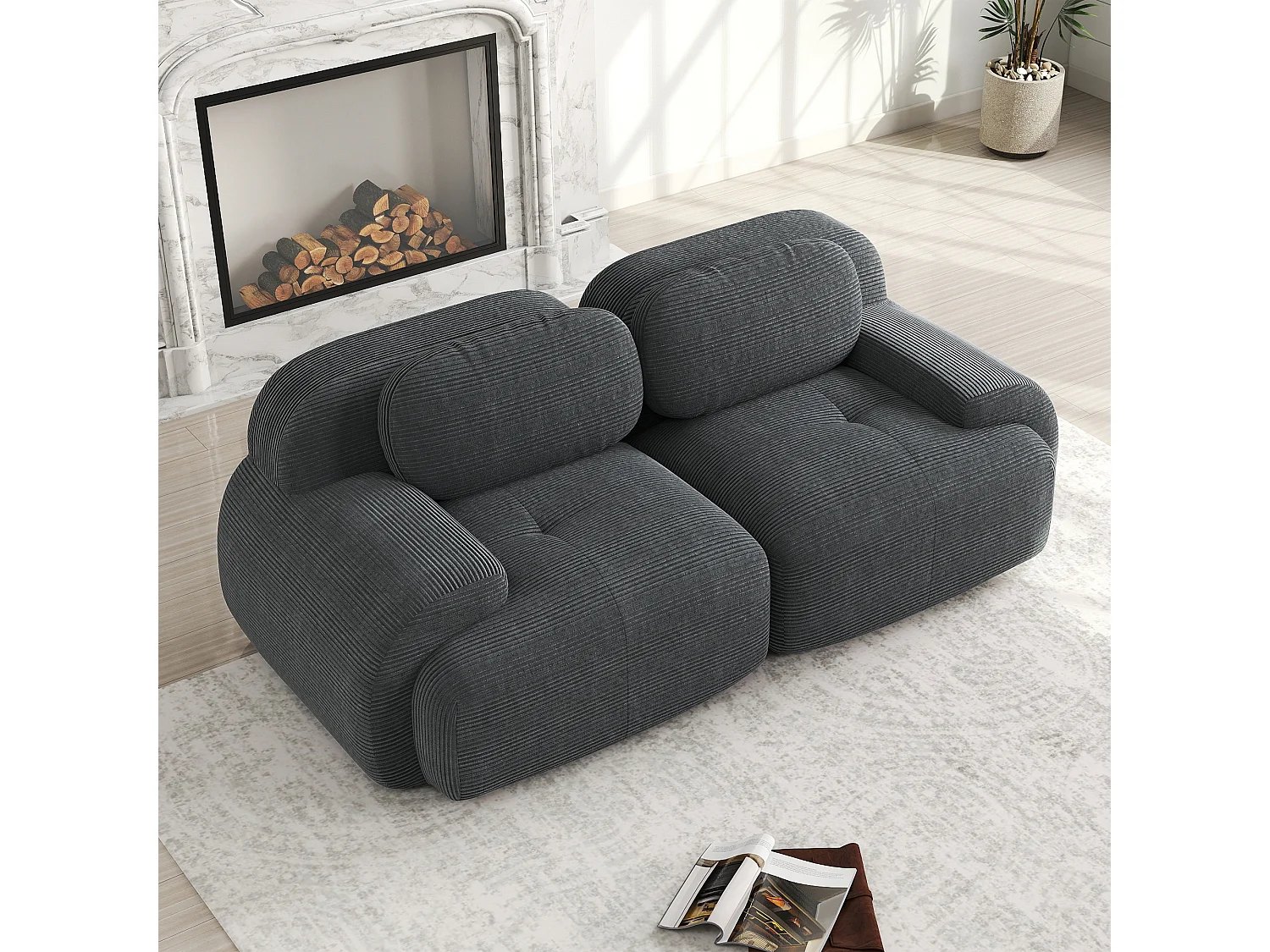 Canapé 2 posti modulabile in velluto a coste accoudoirs curvi mousse alta elasticità grigio 82''